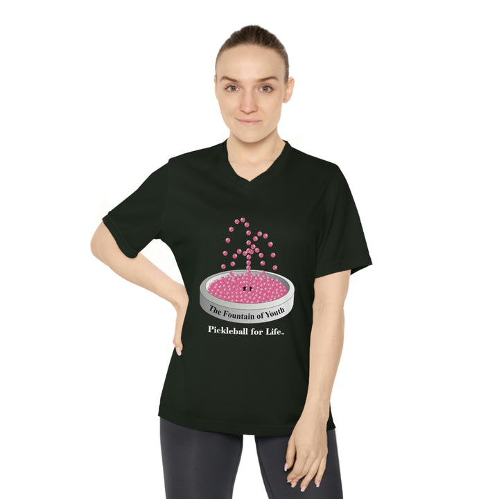 The Pickleball Fountain-Pink  Women's Moisture-Wicking V-Neck T-Shirt - Great Pickleball Stuff