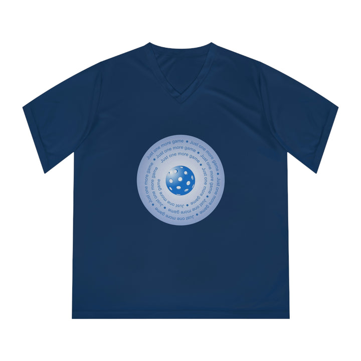 Just One More Game-Blue Women's Moisture-Wicking V-Neck T-Shirt - Great Pickleball Stuff