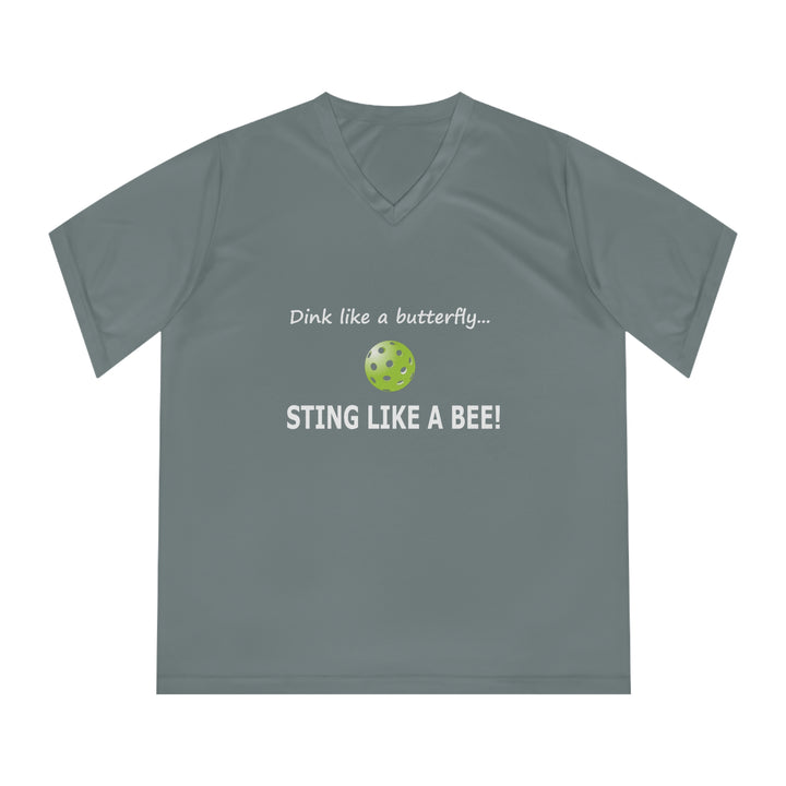 Dink Like a Butterfly, Sting Like a Bee Women's Moisture-Wicking V-Neck T-Shirt - Great Pickleball Stuff