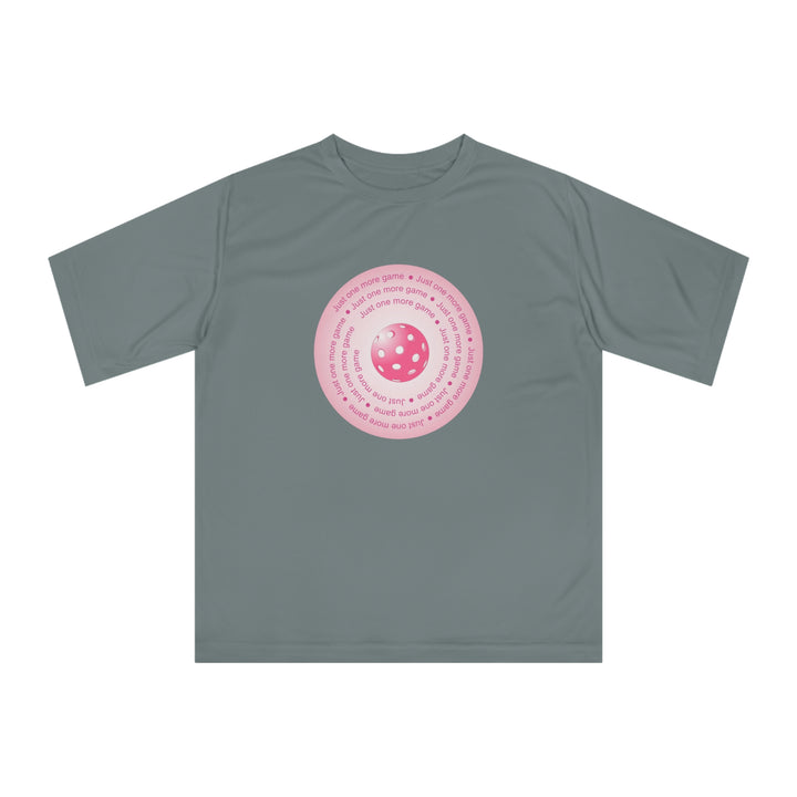 Just One More Game-Pink Unisex Moisture-Wicking T-Shirt - Great Pickleball Stuff