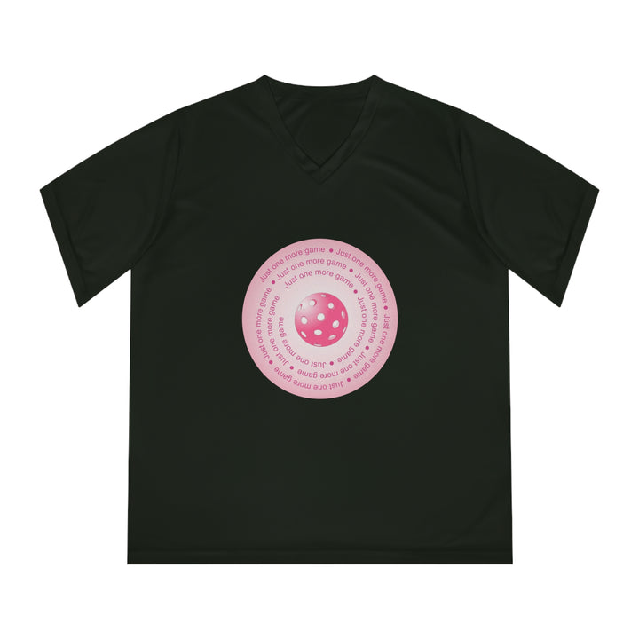 Just One More Game-Pink Women's Moisture-Wicking V-Neck T-Shirt - Great Pickleball Stuff