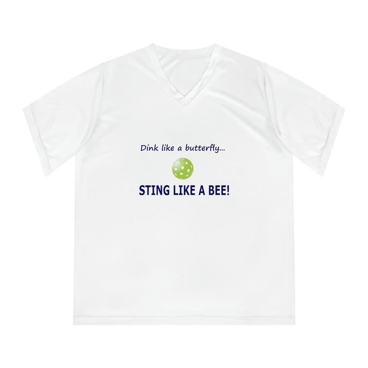 Dink Like a Butterfly, Sting Like a Bee Women's Moisture-Wicking V-Neck T-Shirt - Great Pickleball Stuff