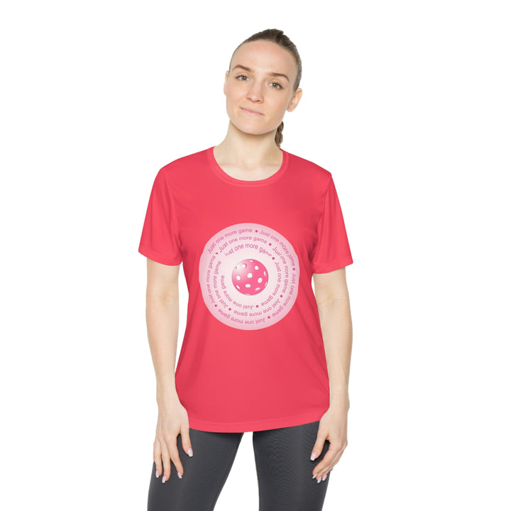 Just One More Game-Pink Women's Moisture-Wicking T-Shirt - Great Pickleball Stuff