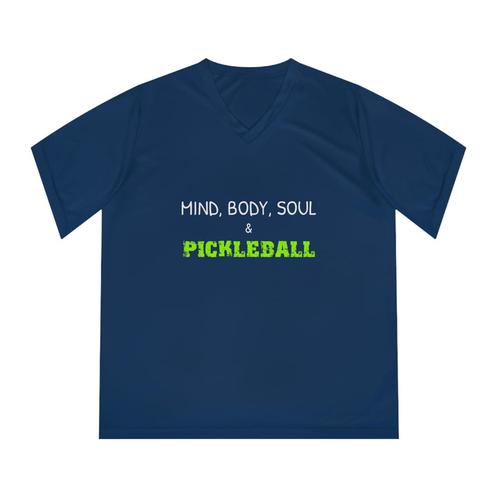 Mind, Body, Soul & Pickleball Women's Moisture-Wicking V-Neck T-Shirt - Great Pickleball Stuff