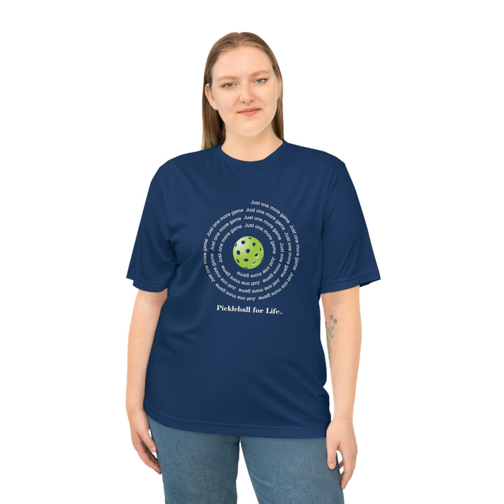 Just One More Game-Spiral Unisex Moisture-Wicking T-Shirt - Great Pickleball Stuff