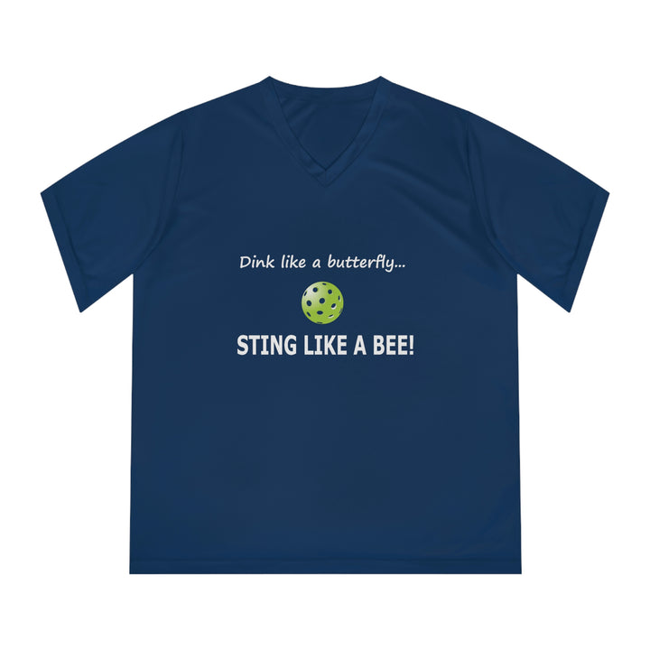 Dink Like a Butterfly, Sting Like a Bee Women's Moisture-Wicking V-Neck T-Shirt - Great Pickleball Stuff