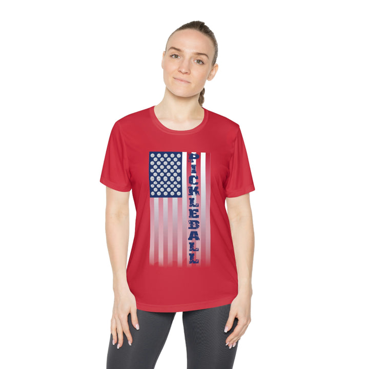 Pickleball Flag Vertical-2 (Faded) Women's Moisture-Wicking T-Shirt - Great Pickleball Stuff