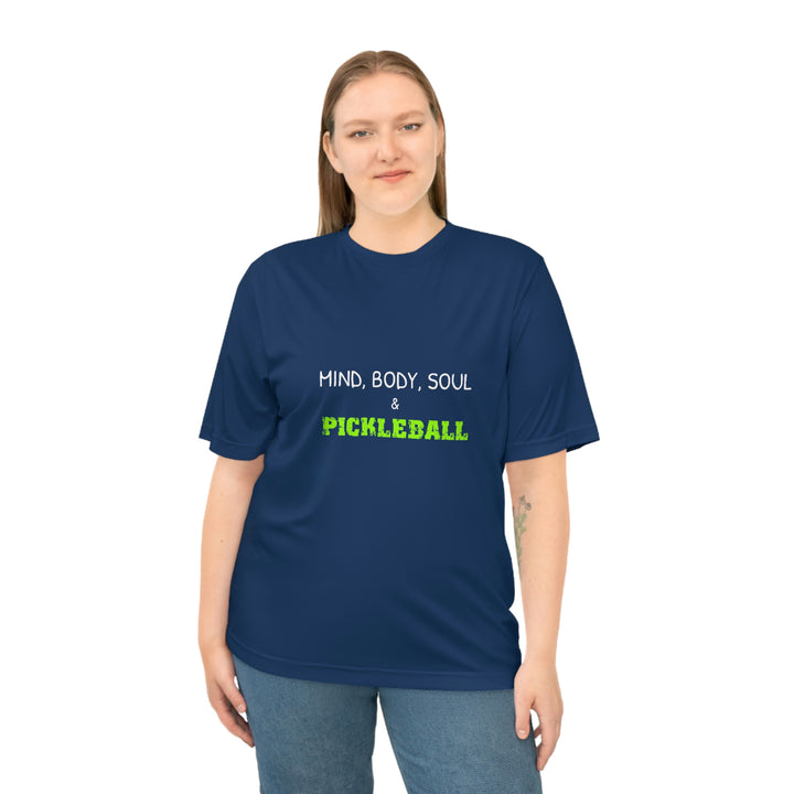 Mind, Body, Soul & Pickleball Unisex Moisture-Wicking T-Shirt - Great Pickleball Stuff