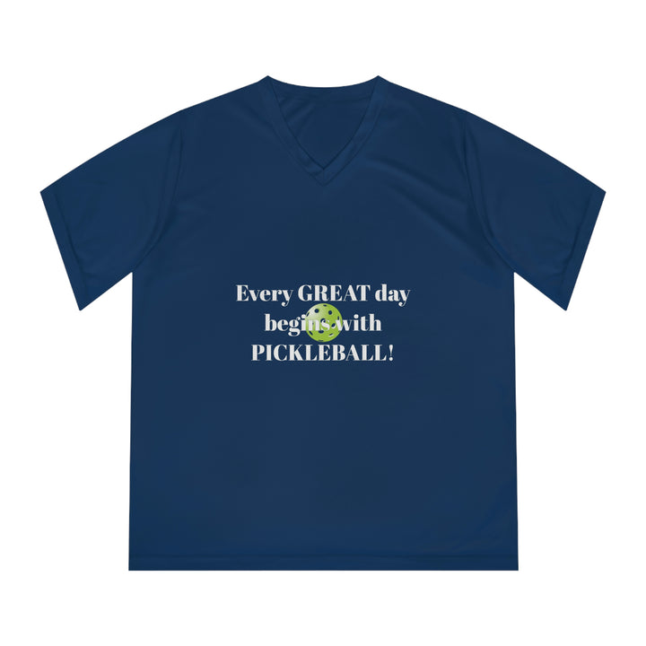 Every Great Day Begins with Pickleball! Women's Moisture-Wicking V-Neck T-Shirt - Great Pickleball Stuff