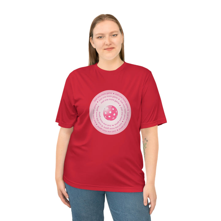 Just One More Game-Pink Unisex Moisture-Wicking T-Shirt - Great Pickleball Stuff