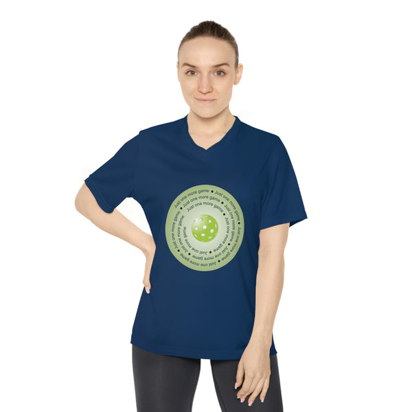 Just One More Game-Green Women's Moisture-Wicking V-Neck T-Shirt - Great Pickleball Stuff