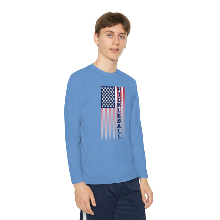 Pickleball Flag Vertical-2 (Faded) Youth Long Sleeve Moisture-Wicking T-Shirt - Great Pickleball Stuff