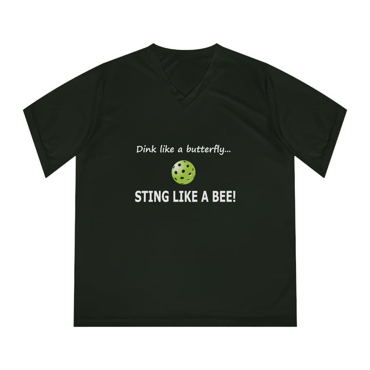 Dink Like a Butterfly, Sting Like a Bee Women's Moisture-Wicking V-Neck T-Shirt - Great Pickleball Stuff