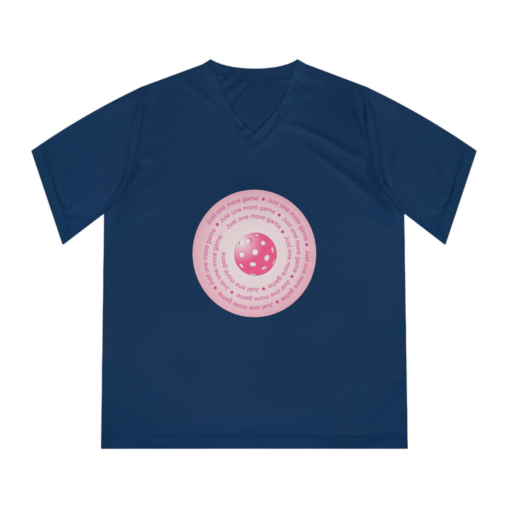 Just One More Game-Pink Women's Moisture-Wicking V-Neck T-Shirt - Great Pickleball Stuff