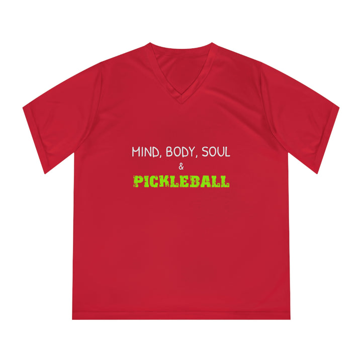 Mind, Body, Soul & Pickleball Women's Moisture-Wicking V-Neck T-Shirt - Great Pickleball Stuff