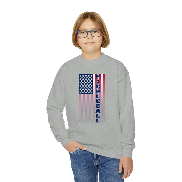 Pickleball Flag Vertical-2 (Faded) Youth Crewneck Sweatshirt - Great Pickleball Stuff